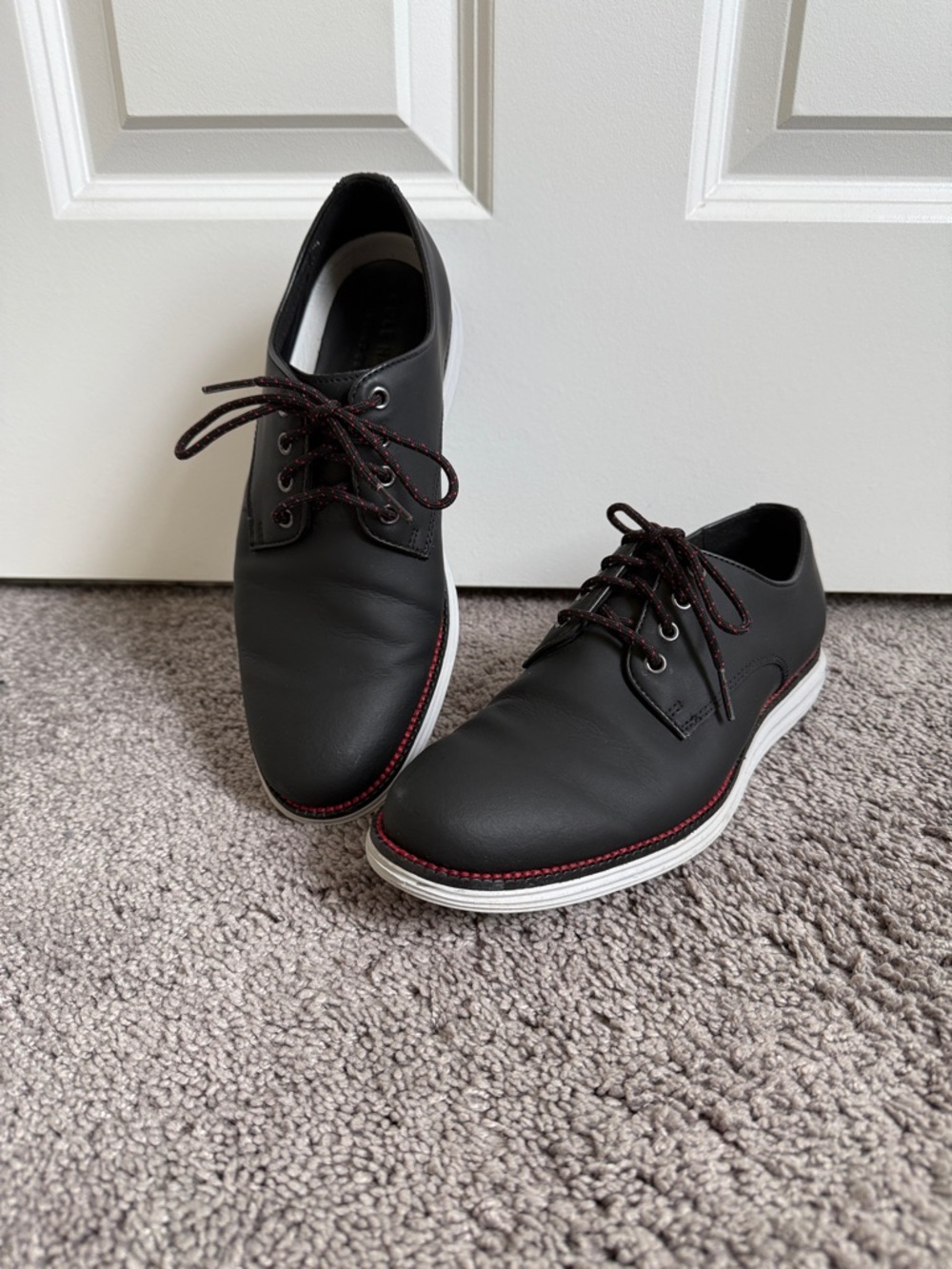 Cole Haan Black Leather Derby Shoes with White Sole and Red Stitching